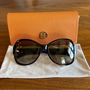 Tory Burch Women's Oversized Tortoiseshell Sunglasses with Blue Temples